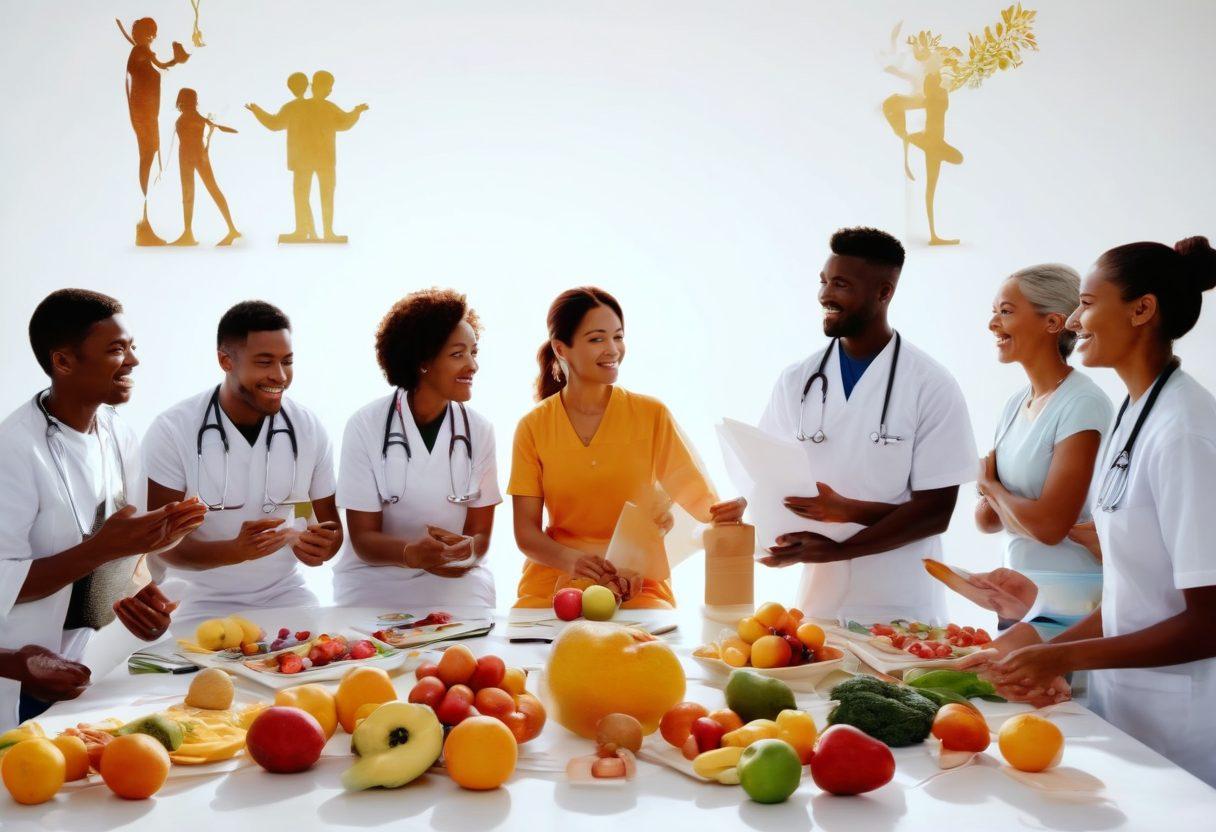 A vibrant and empowering scene depicting diverse patients engaging in advocacy and lifestyle changes. Include individuals of different ethnic backgrounds discussing health options, surrounded by symbols of support like banners and pamphlets. Incorporate elements of health such as fruits, exercise equipment, and a community setting. Sunlight streaming in to symbolize hope and empowerment. super-realistic. vibrant colors. white background.