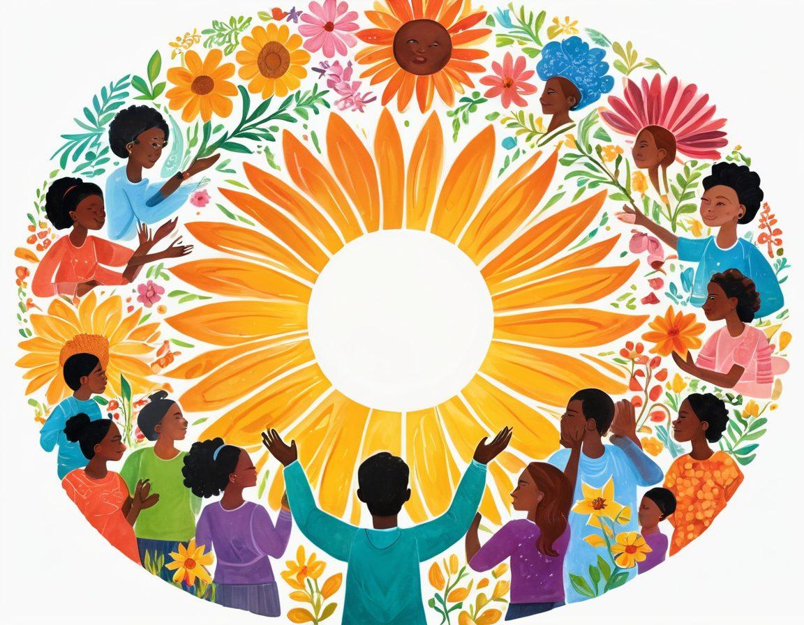 A vibrant and uplifting scene showcasing diverse individuals united in a supportive circle, sharing knowledge about cancer education and prevention. Incorporate symbols of empowerment, like a bright sun rising in the background, books, and digital devices representing education. Include a variety of flowers symbolizing hope and growth around them. Use warm, inviting colors to create a sense of community and support. super-realistic. vibrant colors. white background.